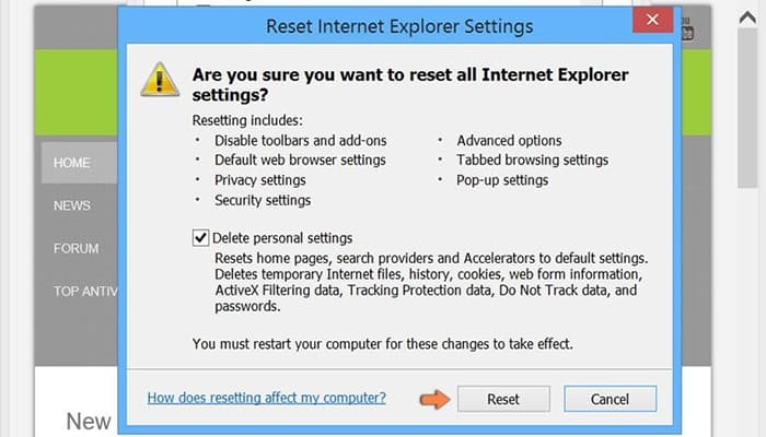 bew tB SErch reiniciar internet explorer windows 8 10