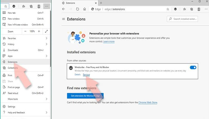 new tab search eliminar extensiones edge chromium