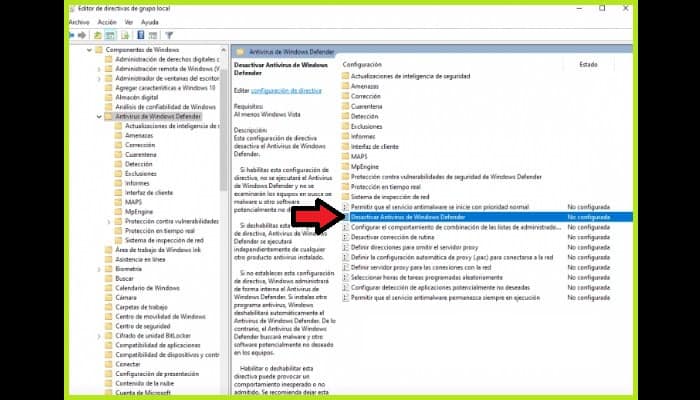 Elige Desactivar el antivirus de Windows Defender