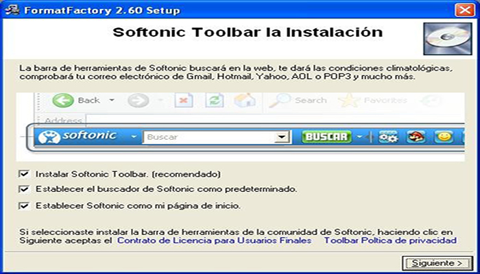 instalación de Softonic Toolbar