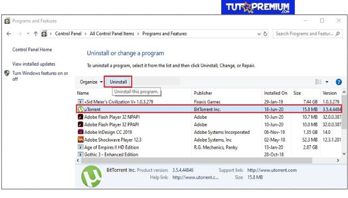 Encuentra uTorrent en la lista de programas