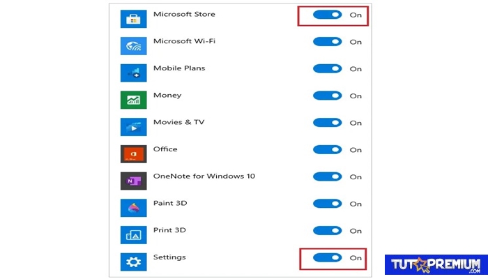 busca Microsoft Edge, Microsoft Store y Configuración en la lista y habilítalos