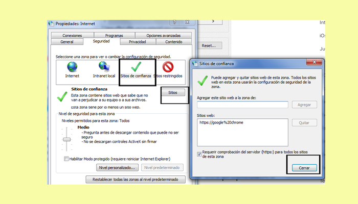 paso 7 sitios de confianza solución 2 para el error Seguridad de Windows. Estos archivos no se pueden abrir