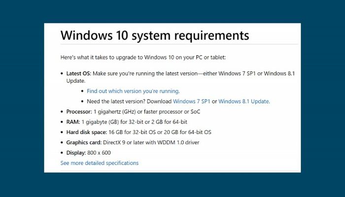 Requisitos minimos para Windows 10