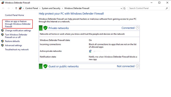 firewall de tu Windows Defender
