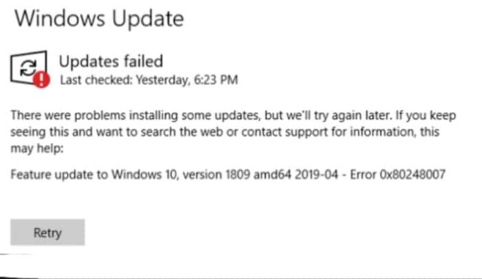 Error 0x80248007 en Windows 10