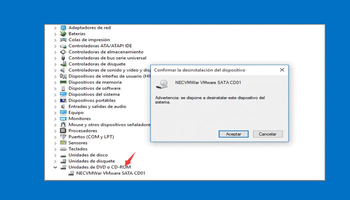 método 3 paso 1 y 2 soluciona la unidad CD/DVD no funciona en Windows 10
