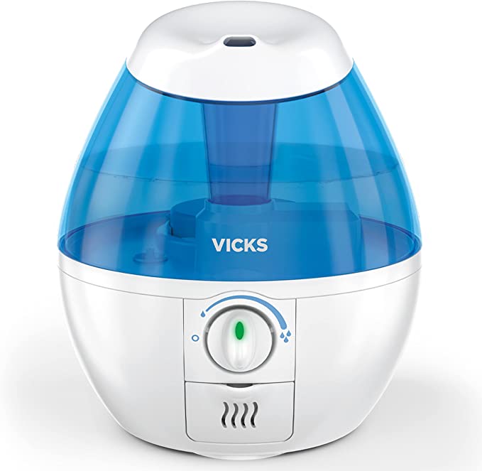 Humidificador Vicks Mini Filter-Free Cool Mist, habitación pequeña, tanque de 0,5 galones, azul - Humidificador pequeño de niebla visible para dormitorios, guarderías y más, funciona con Vicks VapoPads