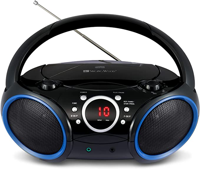 SINGING WOOD 030C Reproductor de CD portátil Radio AM FM analógica con entrada auxiliar, conector para auriculares, asa de transporte plegable (negro con llave de bordes azules)