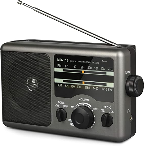 Radio AM FM portátil, radio a pilas con pilas 4D o radio transistor AC con altavoz grande, conector para auriculares estándar, modo de agudos/graves, perilla grande