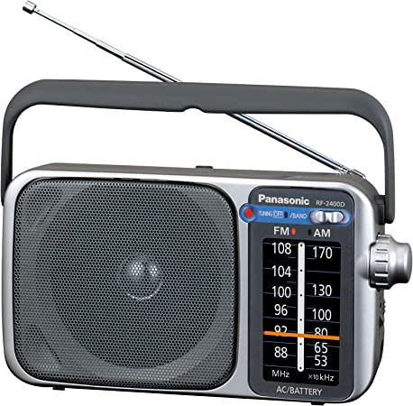 Radio AM/FM portátil Panasonic, radio analógica alimentada por batería, alimentación de CA, plateada (RF-2400D)