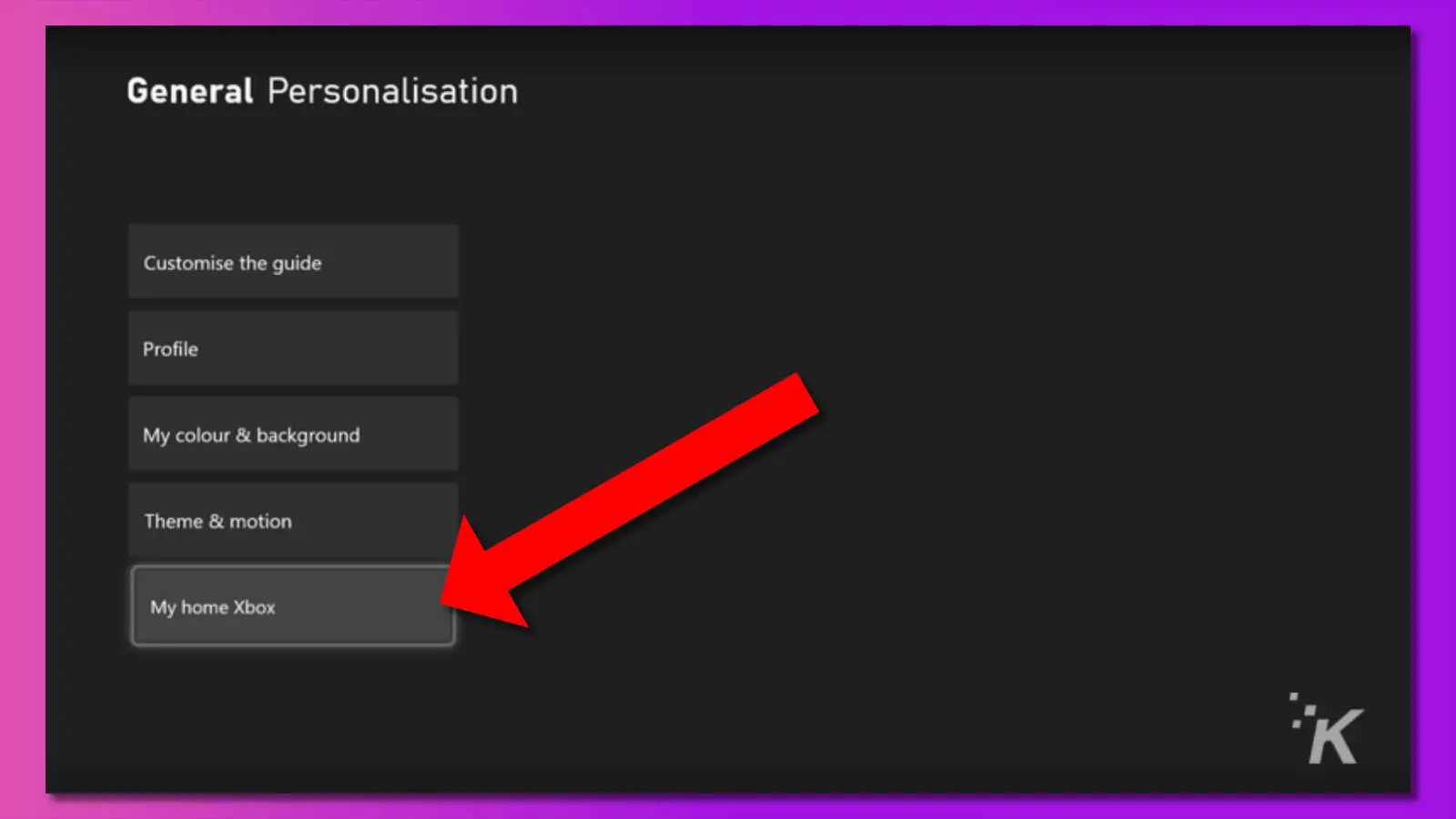 captura de pantalla del menú de personalización de xbox con una flecha que apunta a la opción de menú de inicio de xbox
