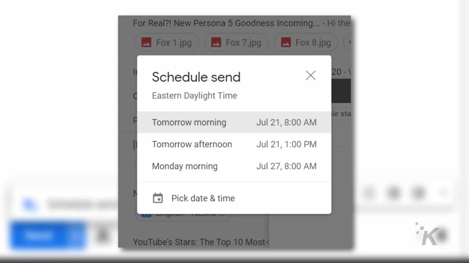Opciones de envío del calendario de Gmail
