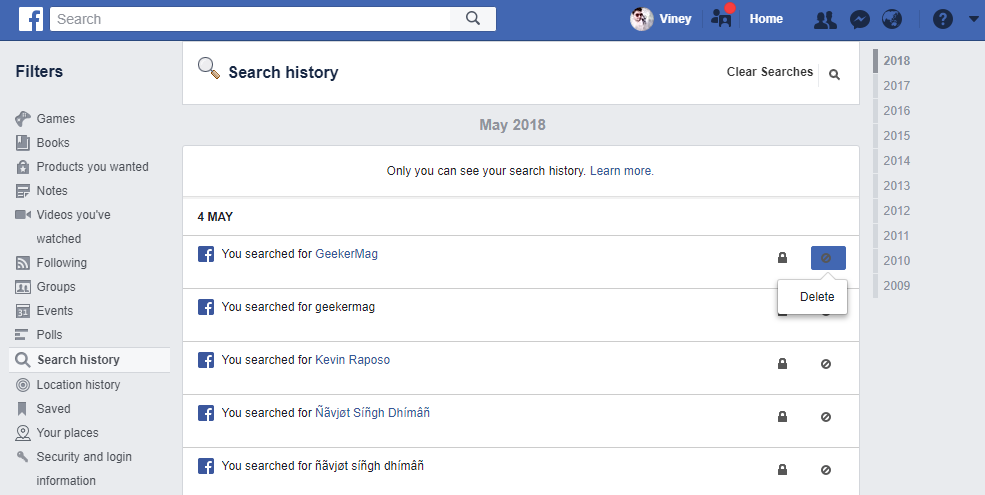 borrar historial de facebook