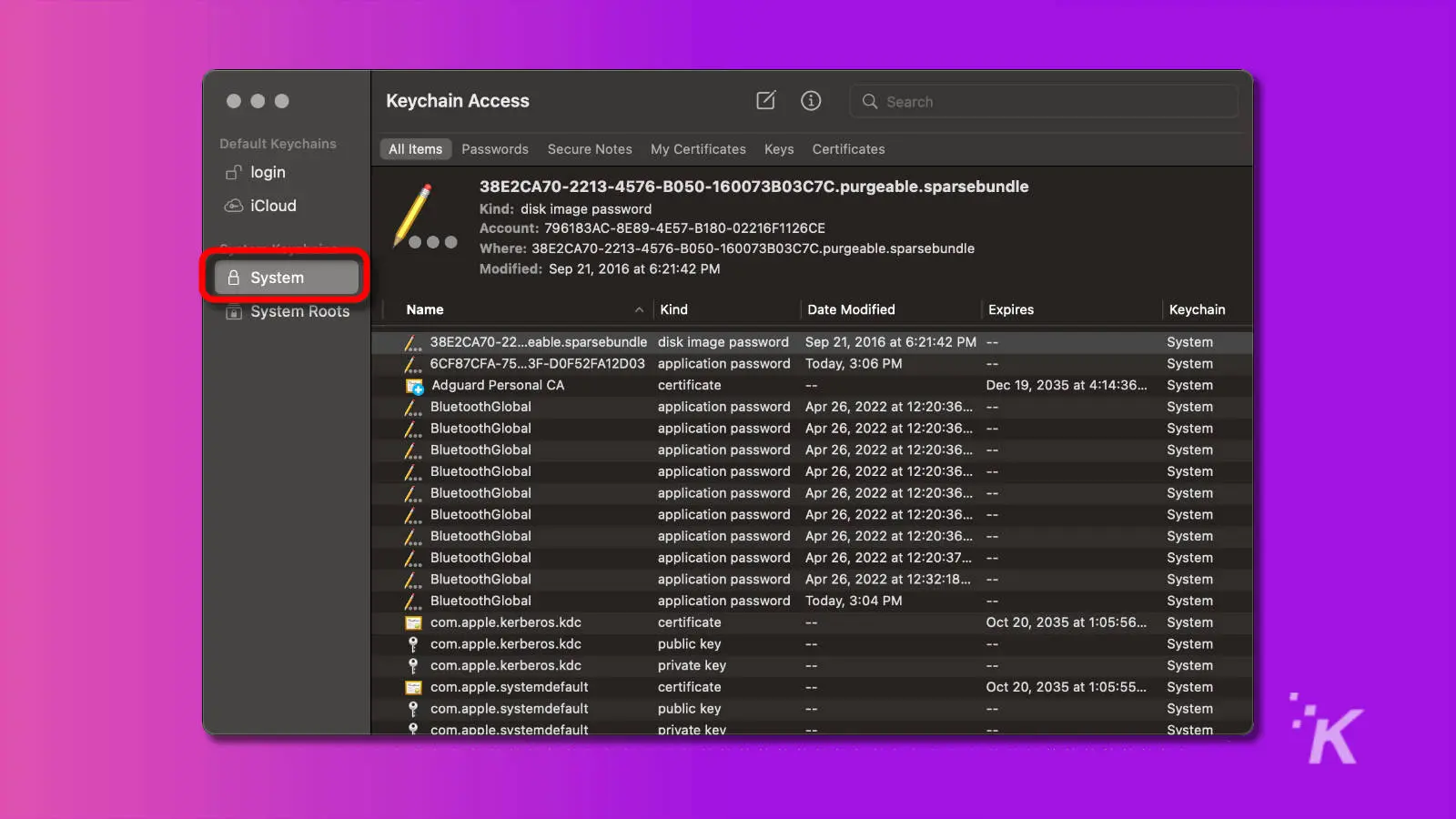 captura de pantalla de la aplicación de acceso al llavero macos con el sistema resaltado