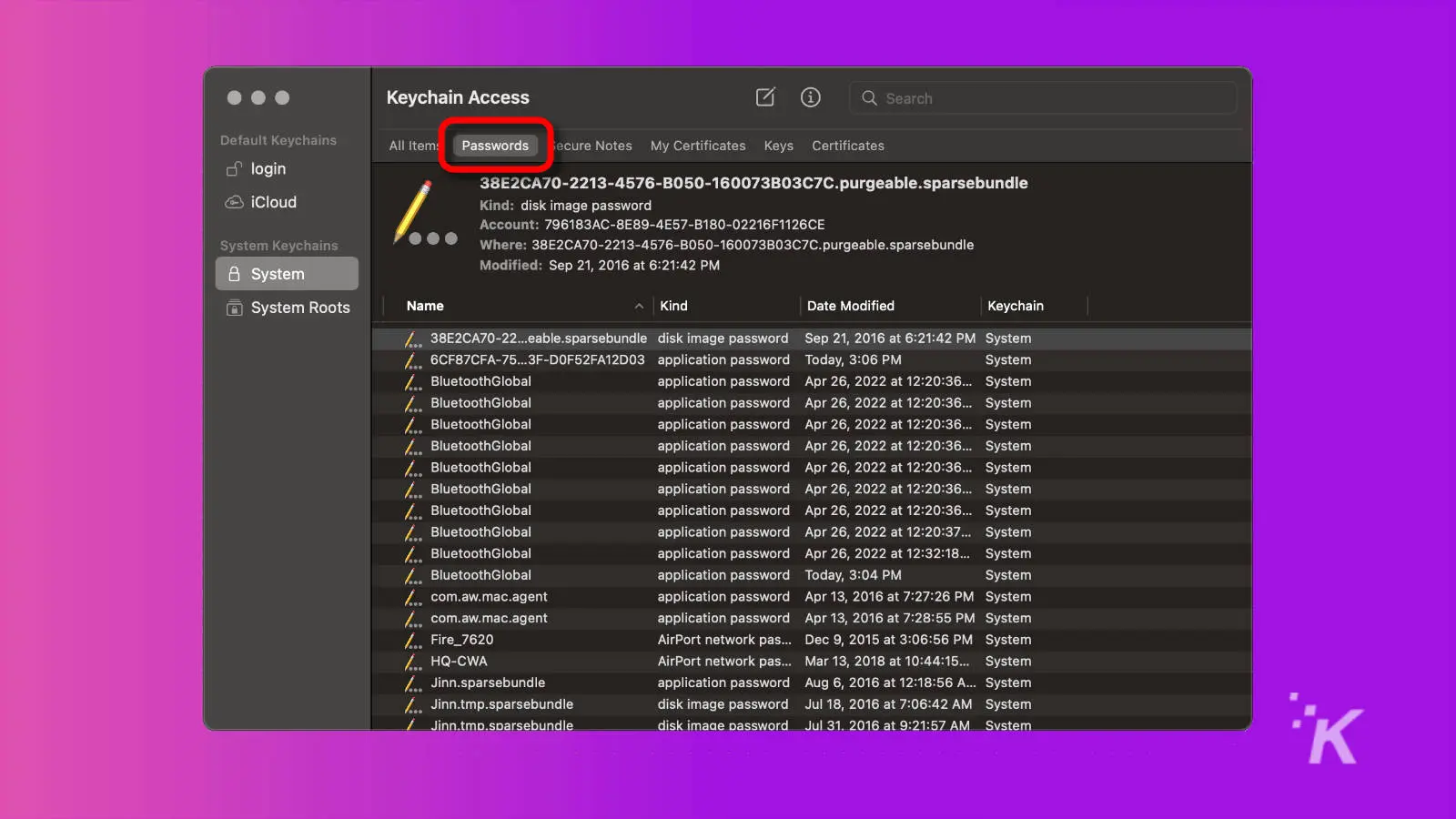 captura de pantalla de la aplicación de acceso al llavero macos con la pestaña de contraseñas resaltada