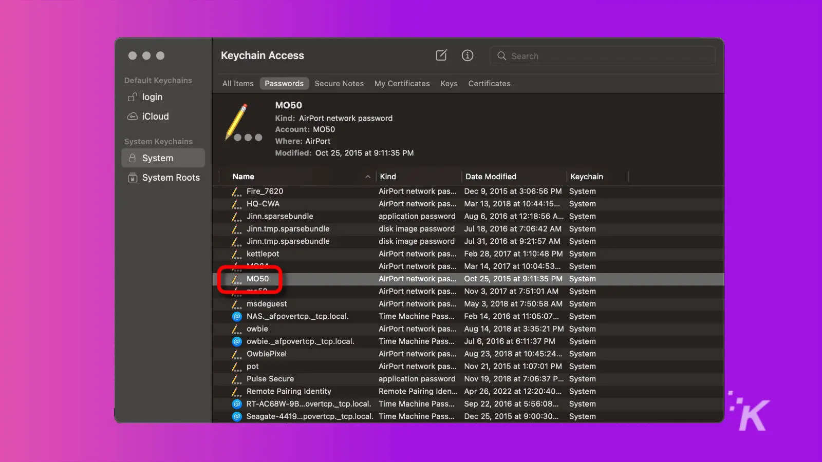 captura de pantalla de la aplicación de acceso al llavero macos con el nombre de la contraseña wifi resaltado