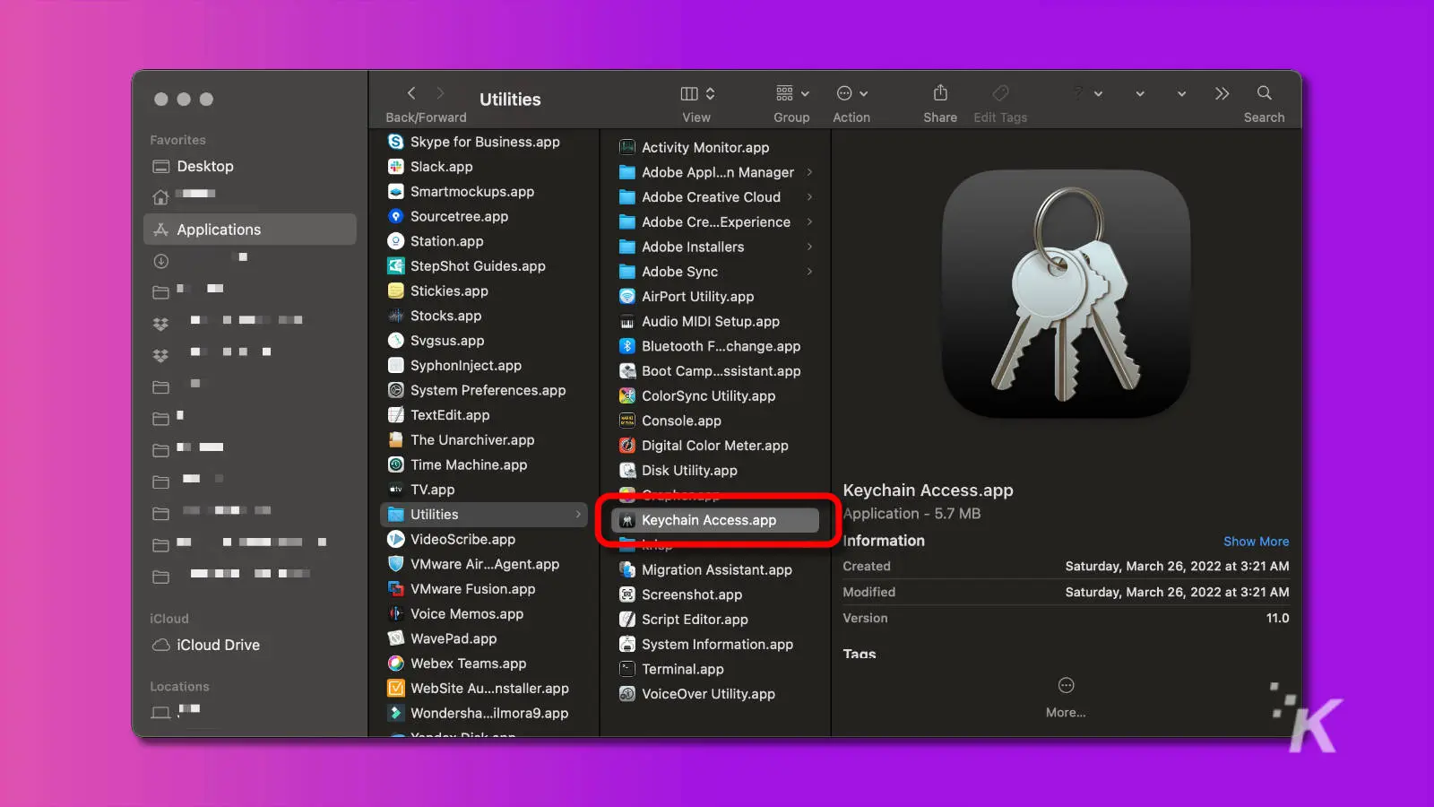 captura de pantalla del buscador de macos que muestra la aplicación de acceso al llavero