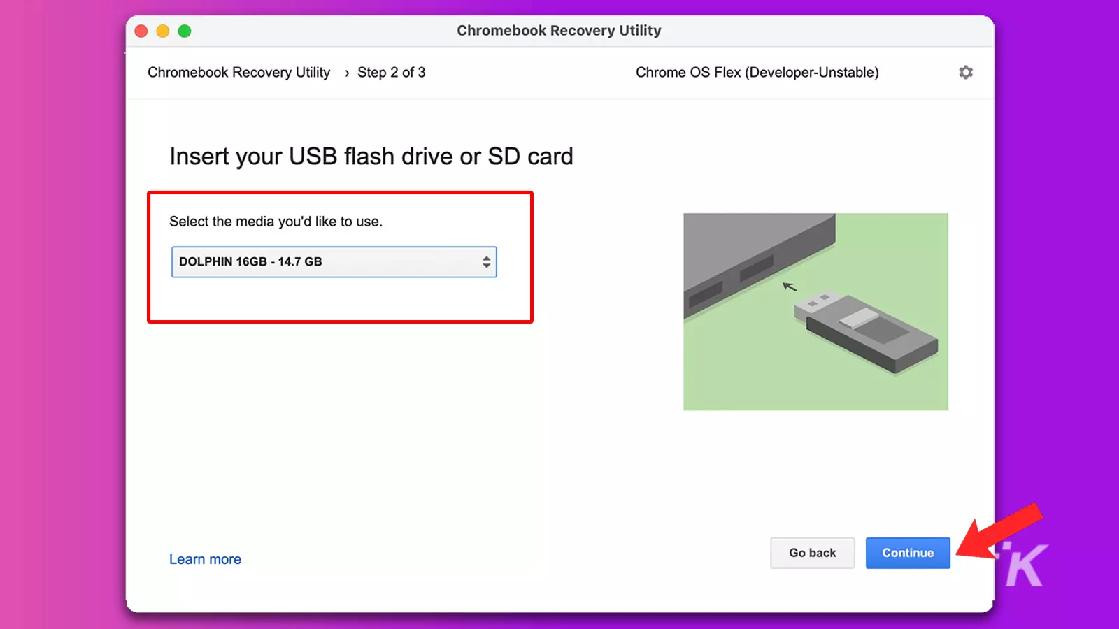 captura de pantalla que muestra la utilidad de recuperación USB