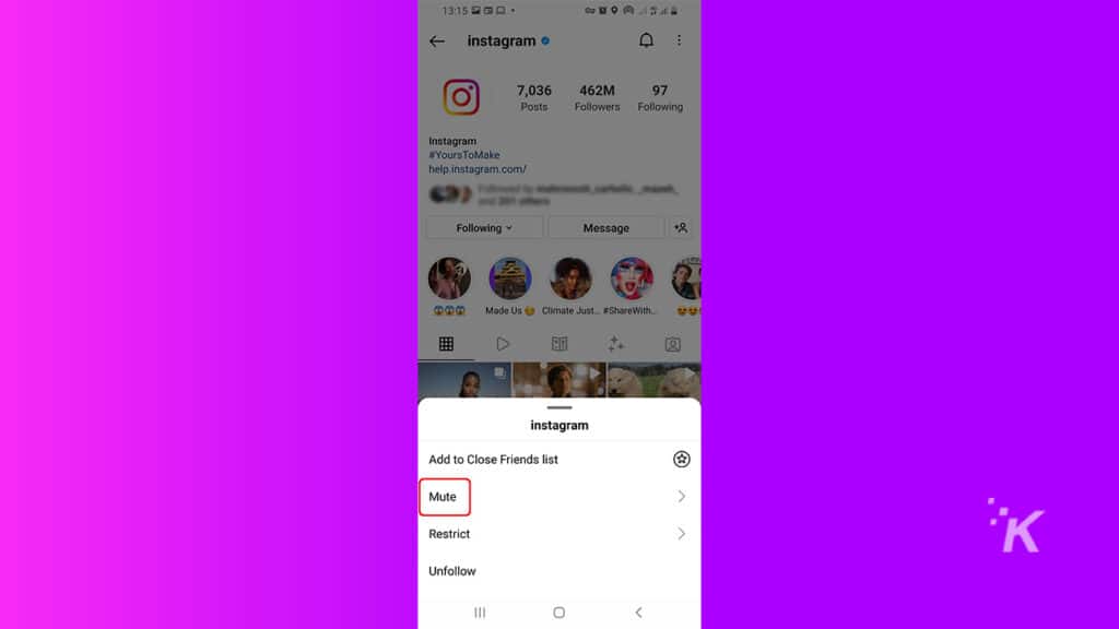 Presiona el botón de silencio en Instagram