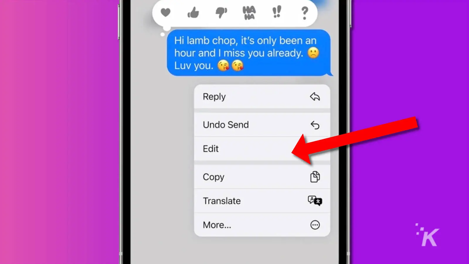 Captura de pantalla de la aplicación de mensajería ios 16 que muestra cómo editar un mensaje