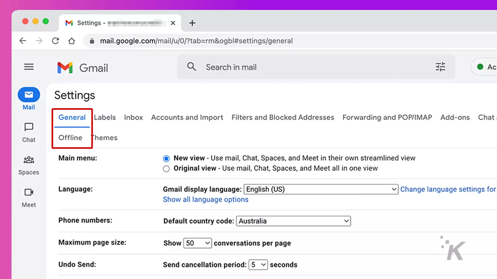 Menú de configuración de Gmail que muestra el modo sin conexión