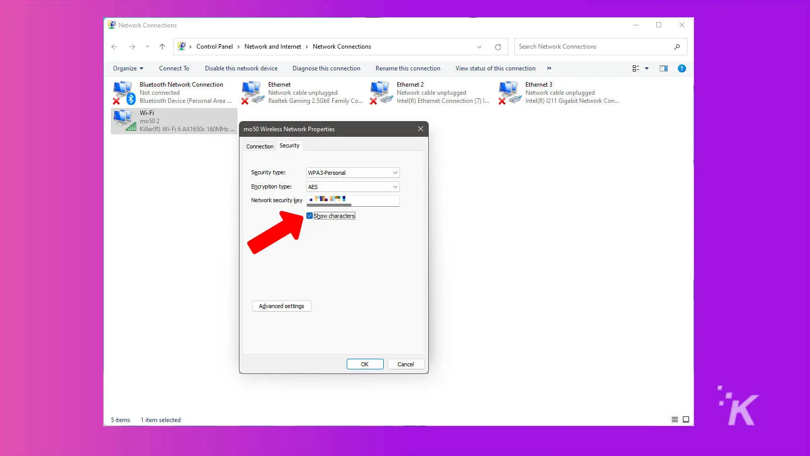 captura de pantalla de la configuración de Wi-Fi de Windows con la contraseña mostrada