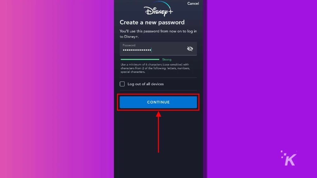 Cambio de contraseña de confirmación móvil de Disney