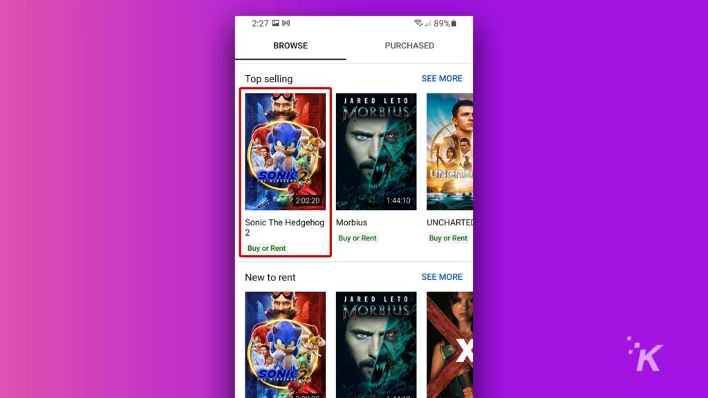 pantalla de películas y programas de youtube de Android