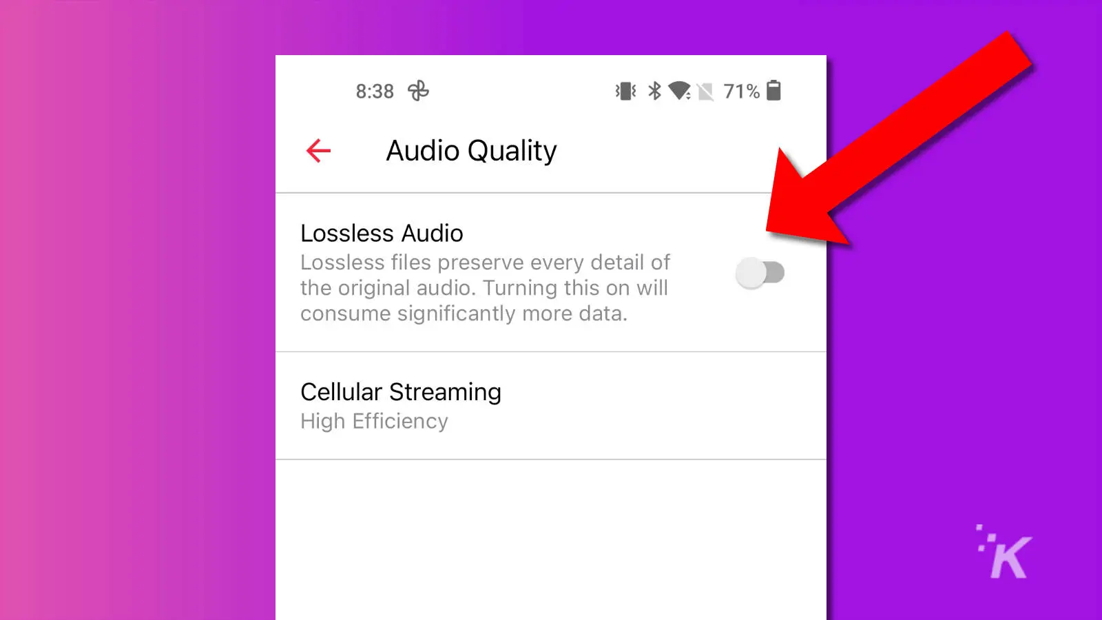captura de pantalla de Apple Music en Android que muestra la alternancia de audio sin pérdidas