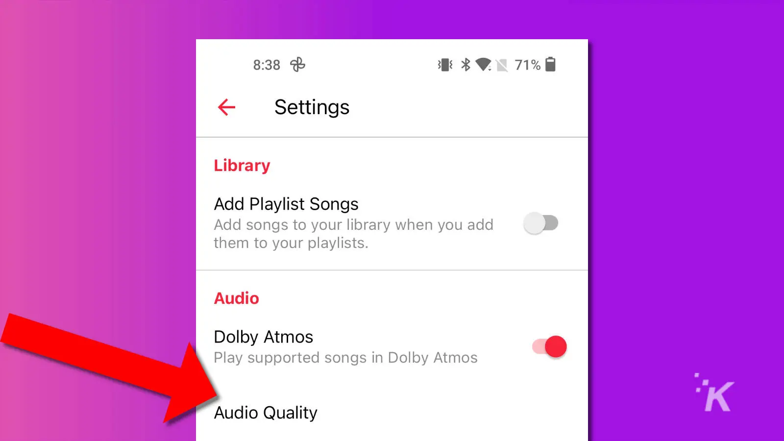captura de pantalla de Apple Music en Android que muestra la configuración de calidad de audio