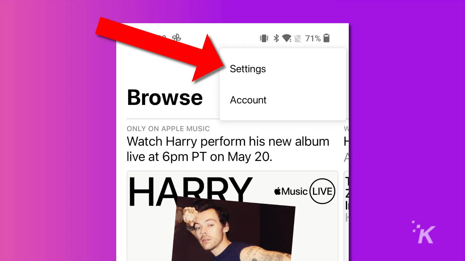 captura de pantalla de Apple Music en Android que muestra un enlace a la configuración