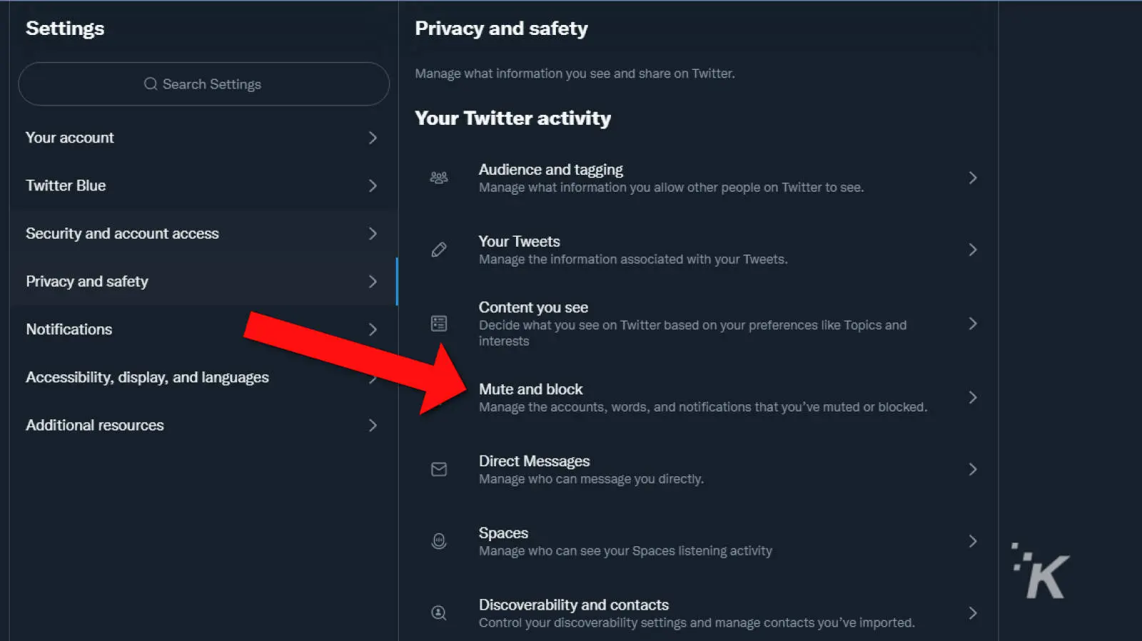 captura de pantalla del sitio web Twitter mostrando la opción de menú silenciar y bloquear