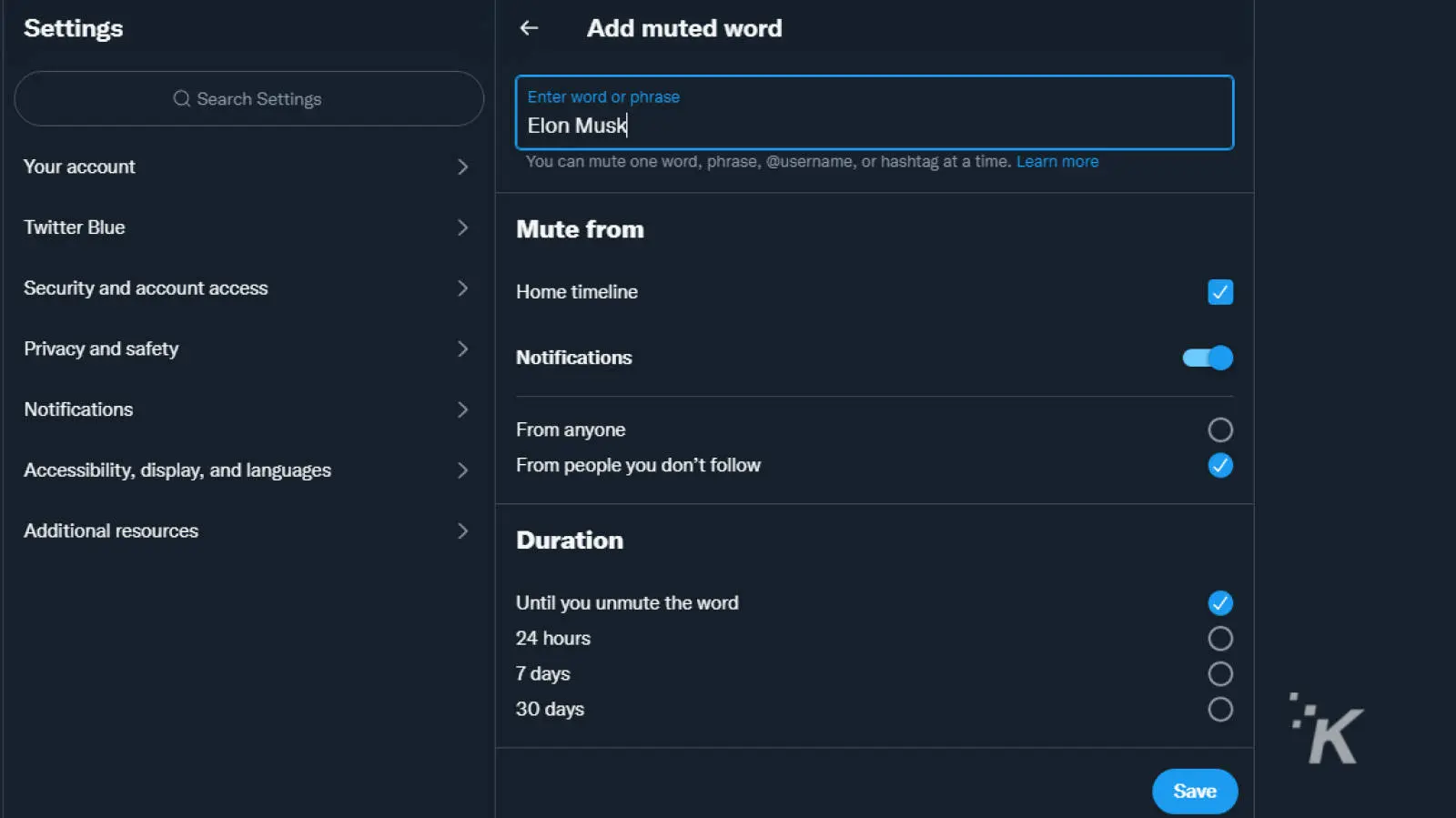 captura de pantalla del sitio web Twitter mostrando el formulario de registro para deshabilitar una palabra, nombre de usuario o hashtag