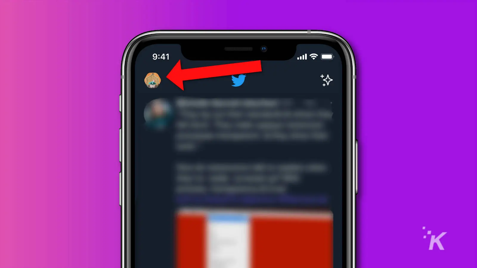 captura de pantalla de la aplicación Twitter mostrando dónde está el icono de perfil