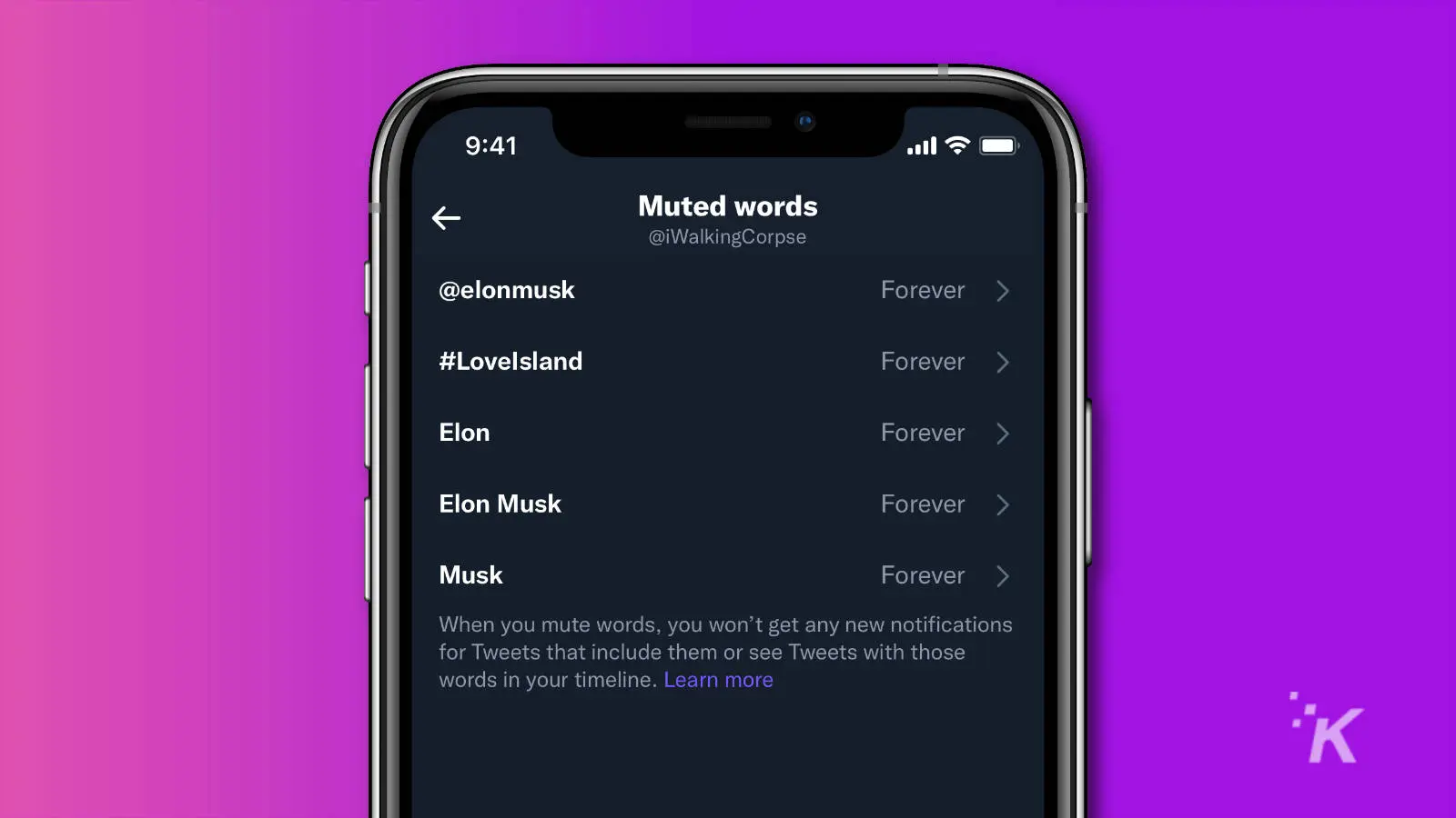 captura de pantalla de la aplicación de Twitter que muestra una lista de palabras silenciadas
