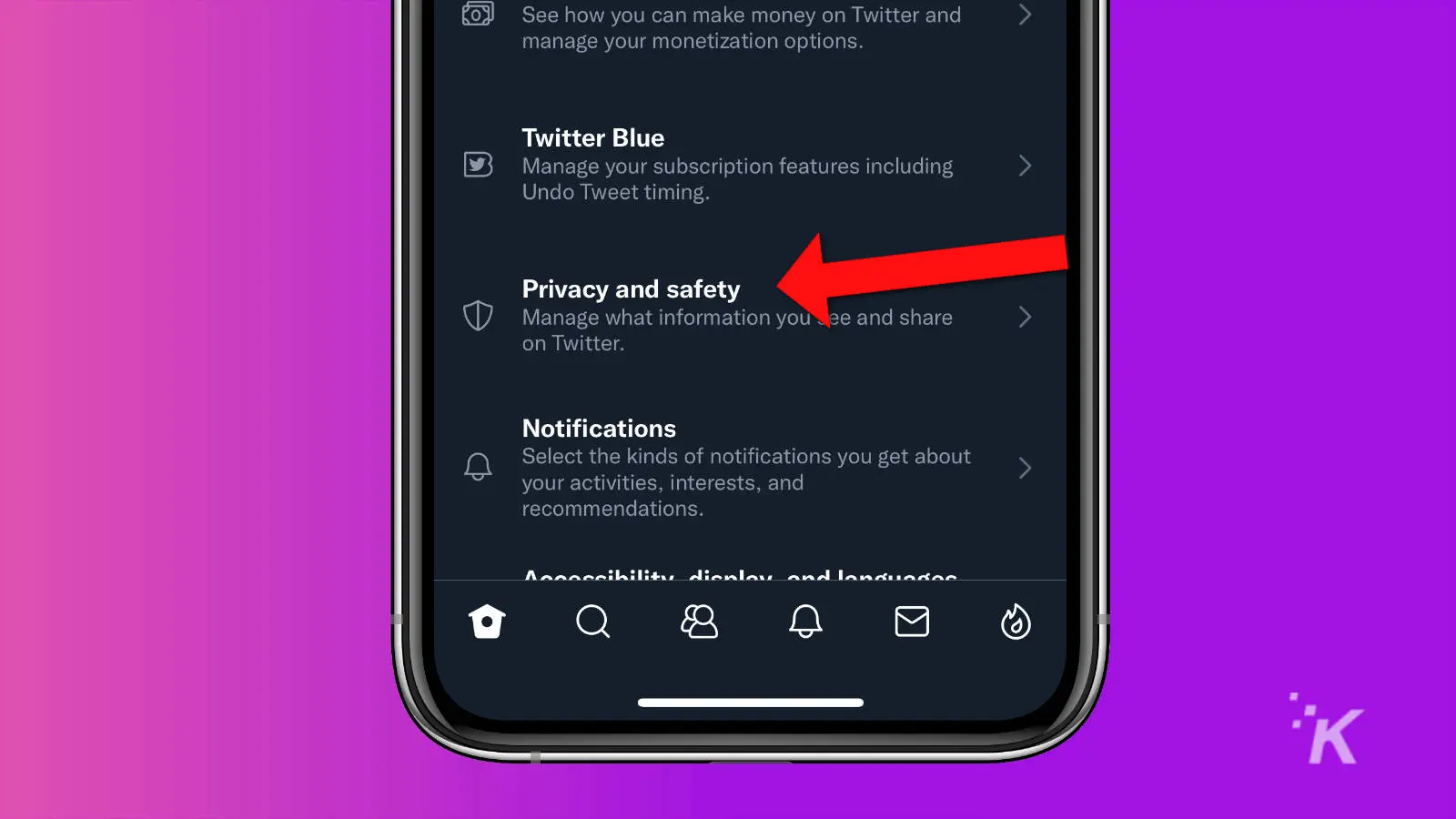 captura de pantalla de la aplicación de twitter que muestra el enlace de privacidad y seguridad