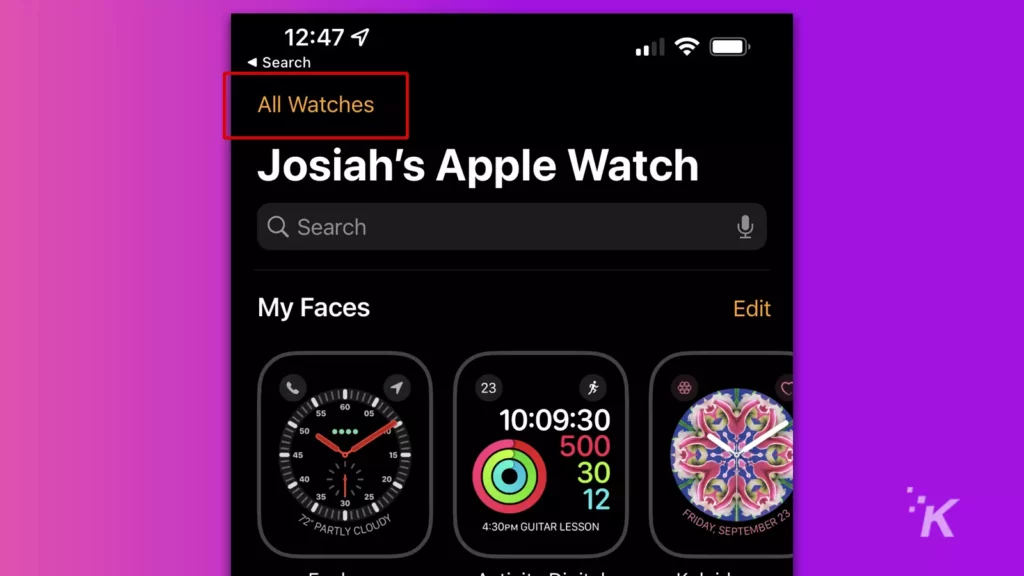 pantalla de inicio de la aplicación Apple Watch