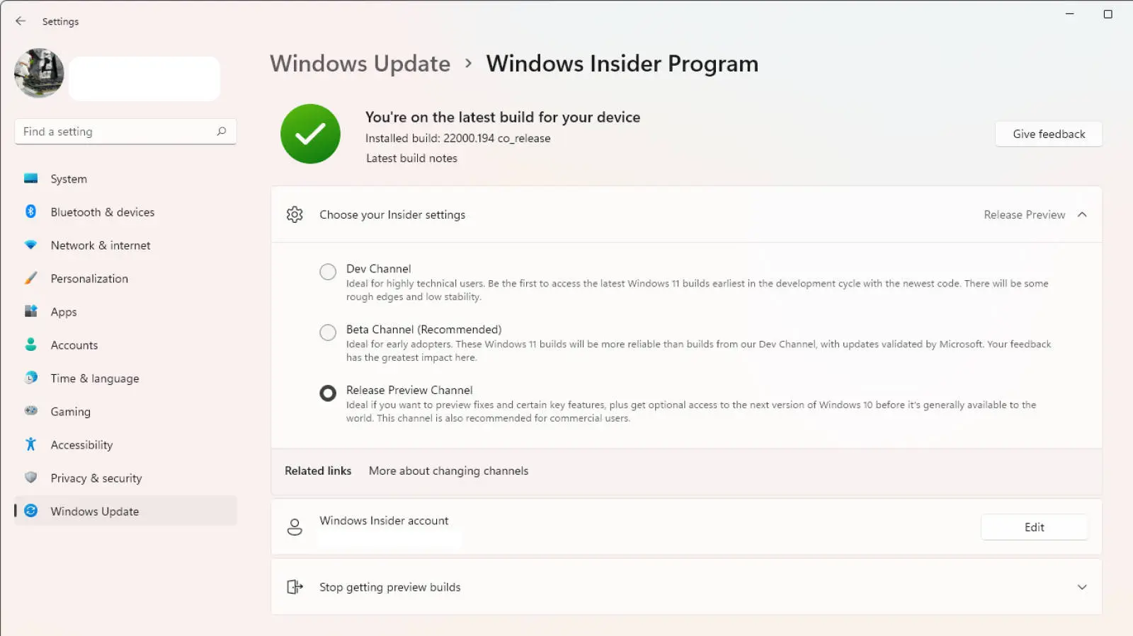 actualización de Windows que muestra cómo deshabilitar compilaciones de vista previa