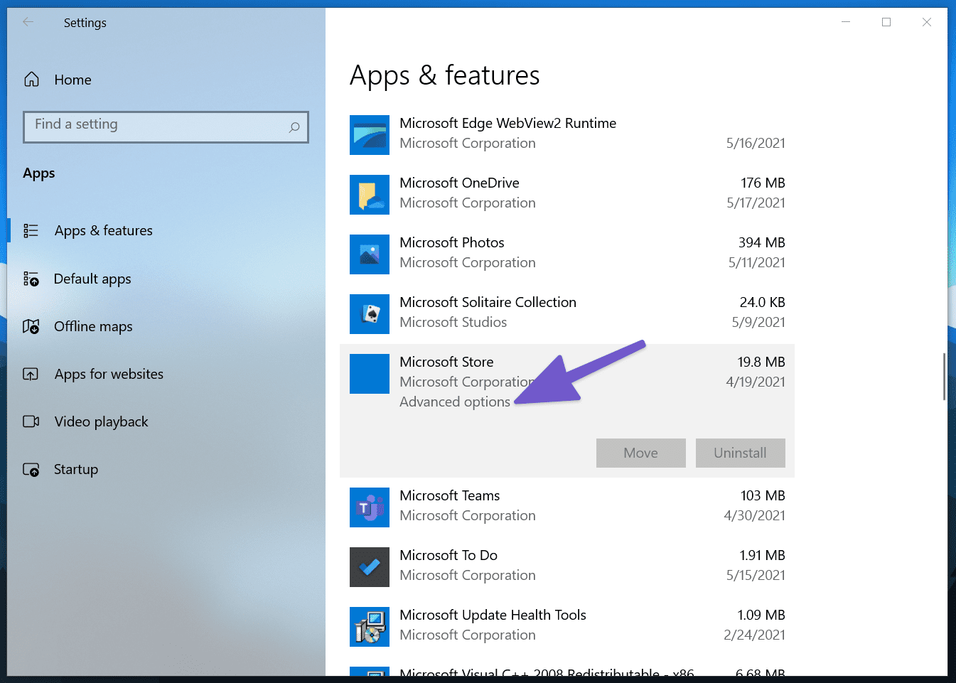 Opciones avanzadas en Microsoft Store