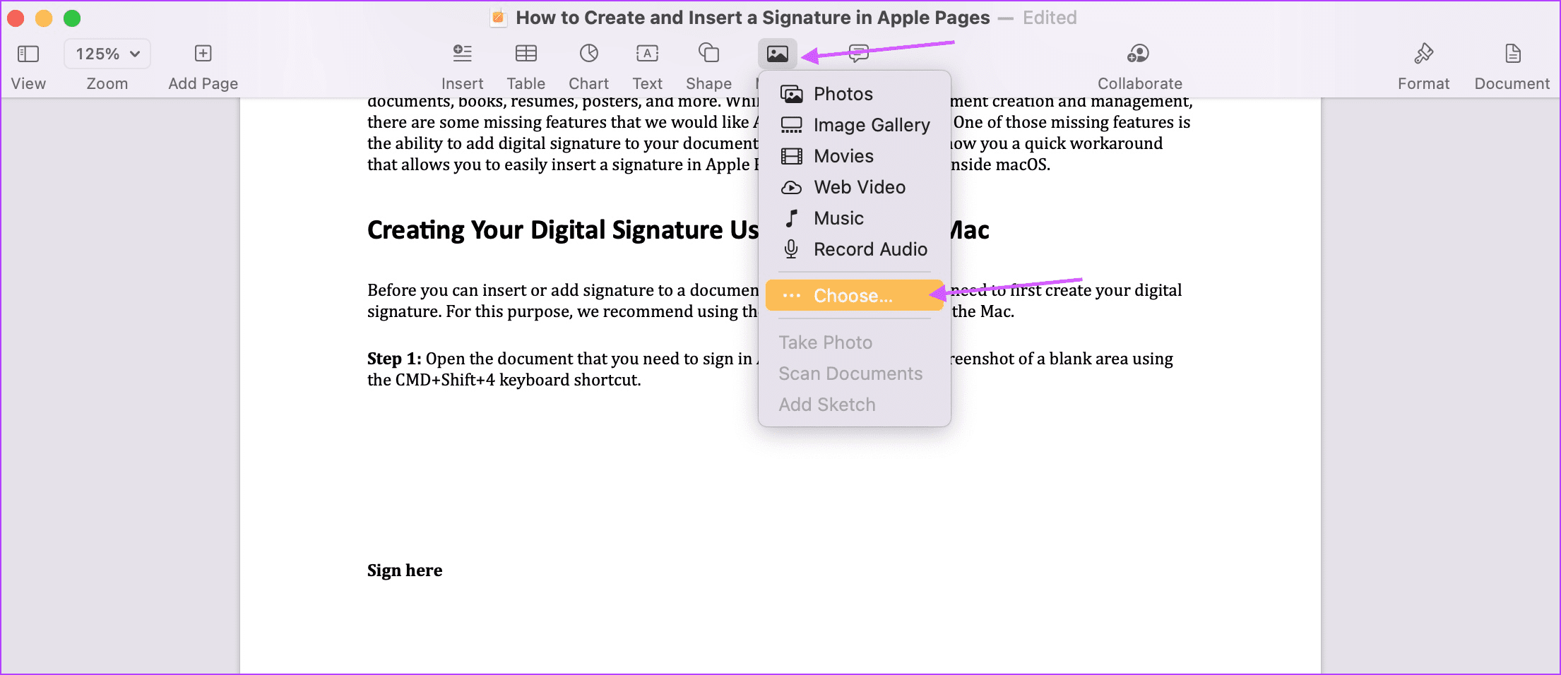 Ingrese su firma en las páginas de Apple 1