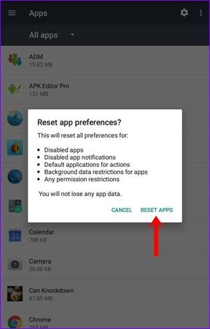 Restablecer las preferencias de la aplicación Android 8