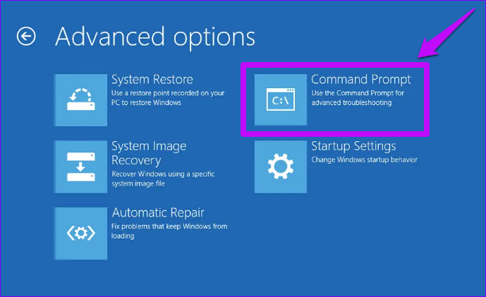 Símbolo del sistema de opciones de configuración avanzada de Windows