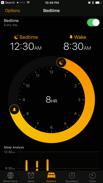 Comparación del rastreador del ciclo de sueño a la hora de acostarse de iOS 10 1