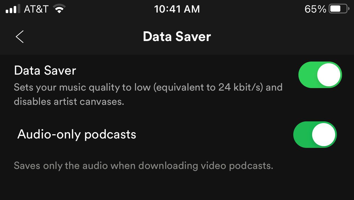 Opciones de ahorro de datos de Spotify habilitadas