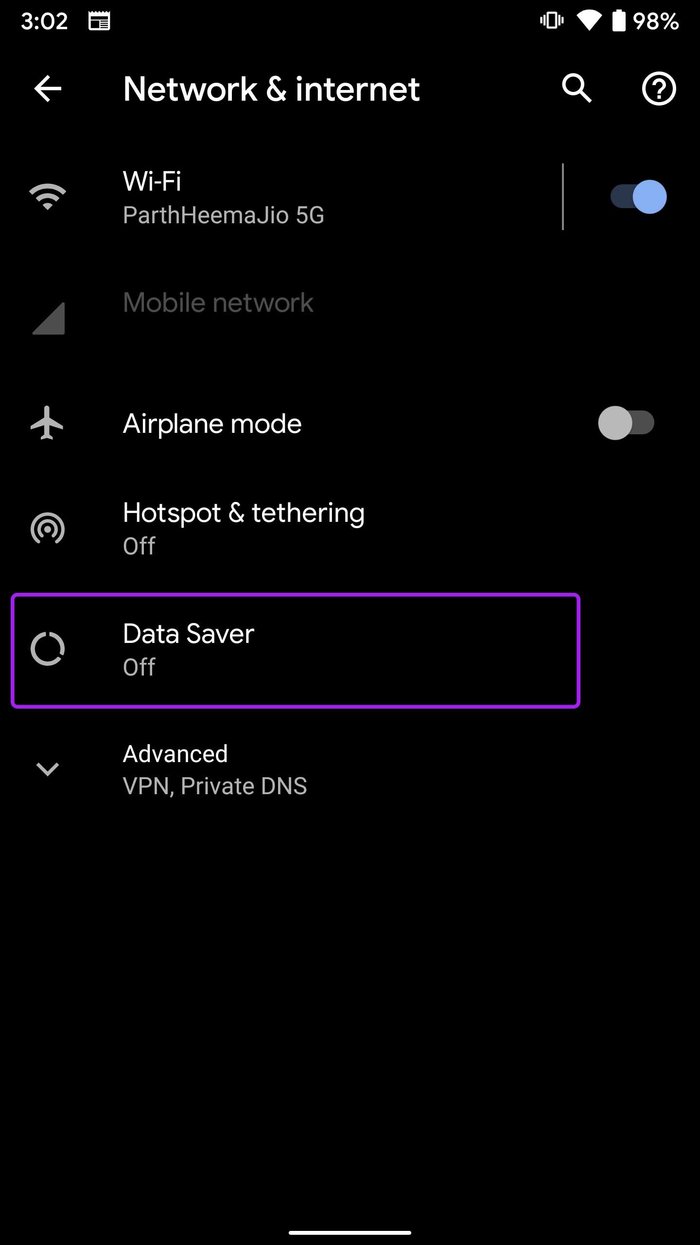 Abrir el modo de ahorro de datos Reparar Google Drive atascado al iniciar la descarga en Android