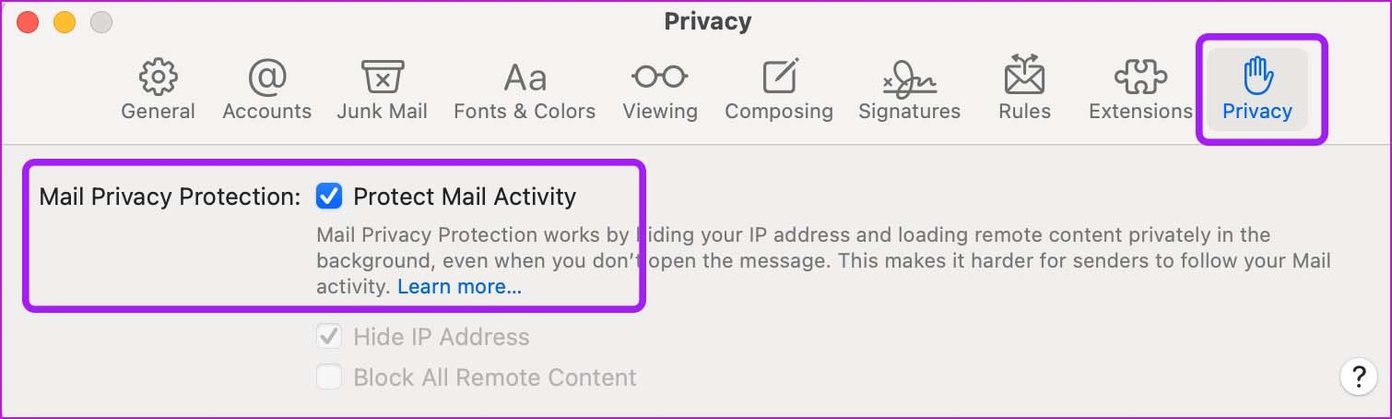 deshabilitar la protección de notificación de actividad de correo electrónico que no funciona en mac