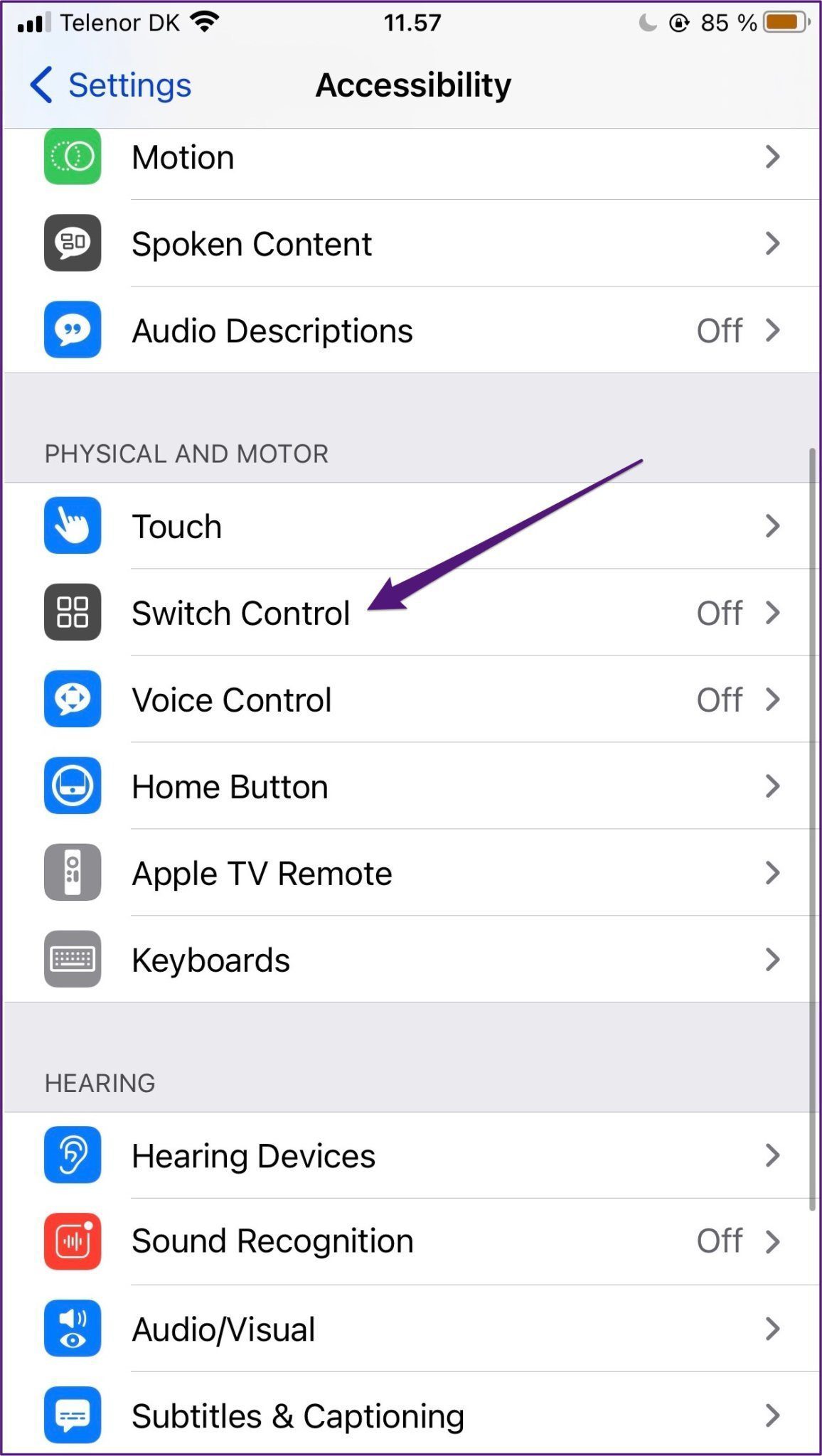 Control de interruptor de configuración de iOS
