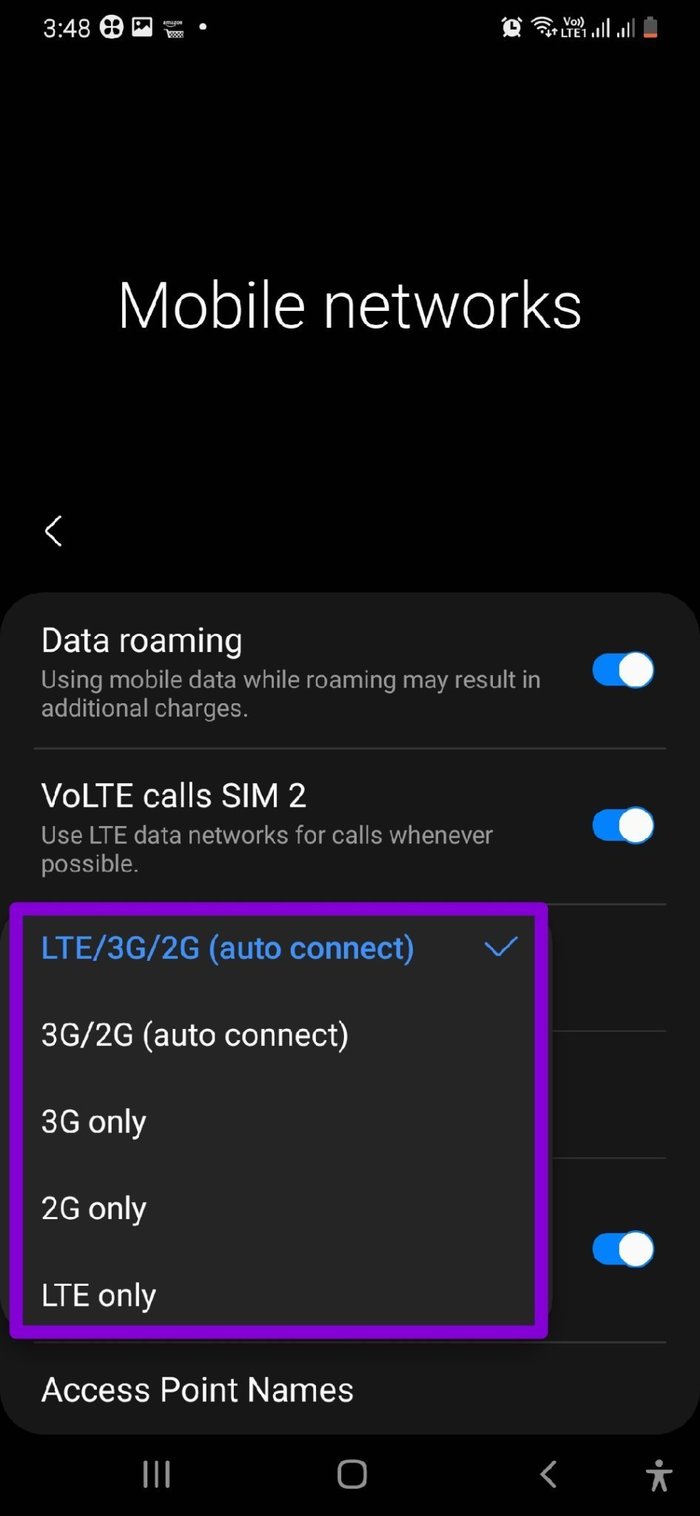 Configuración de red móvil en el teléfono Samsung