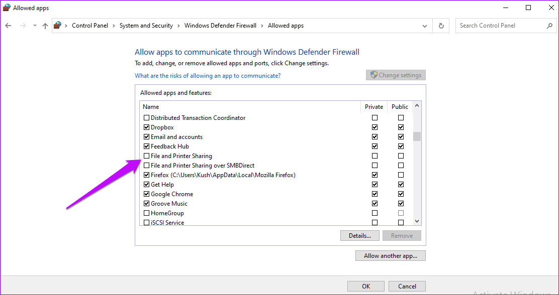 Uso compartido de impresoras y archivos de Windows Defender